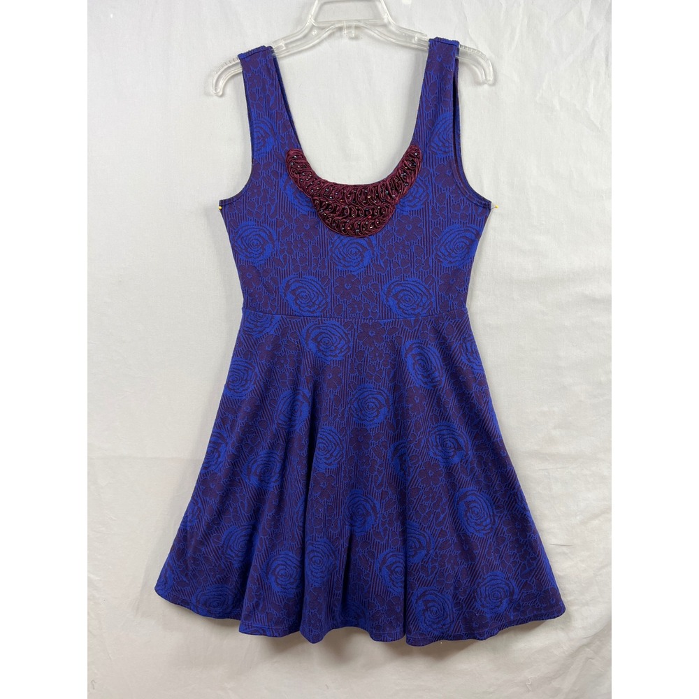 Free People Skater Dress Womens Medium Blue Purple Floral Beaded Jacquard